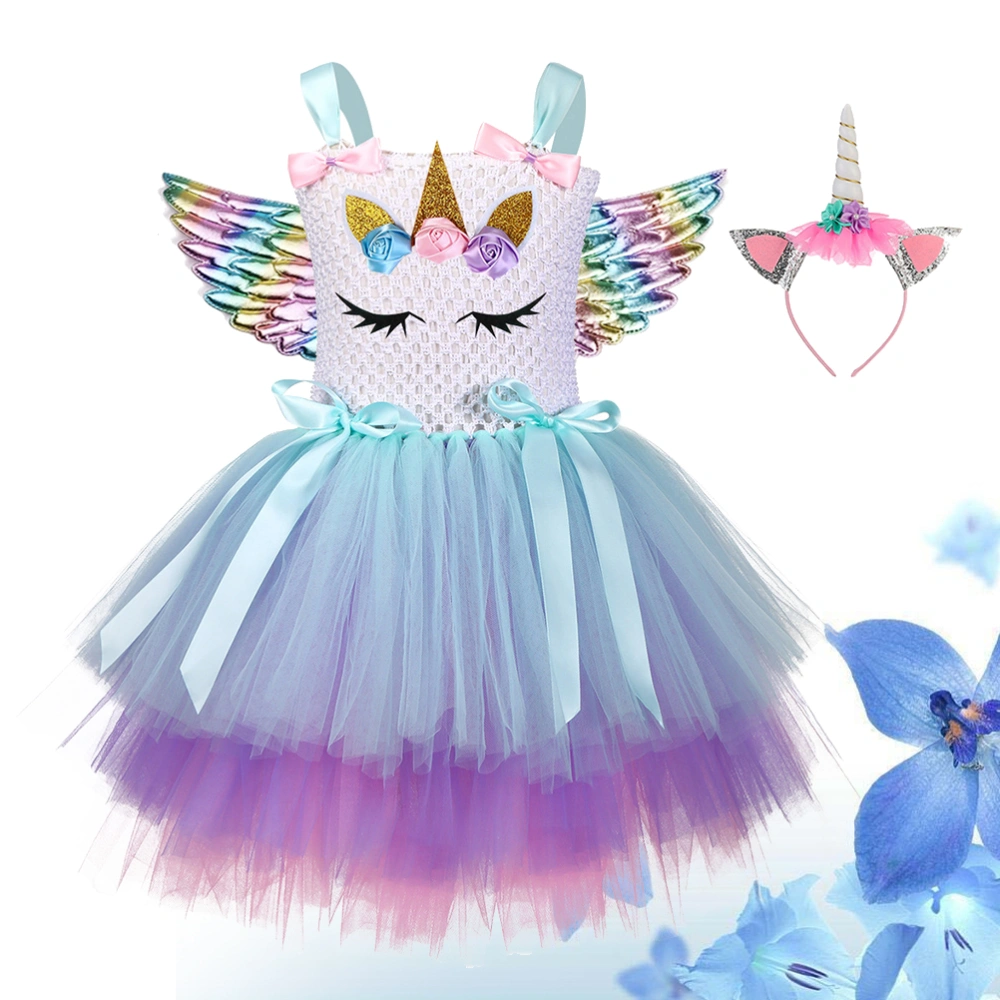 3pcs in 1 Set Floral Unicorn Dress Gradient Color Costume Outfit Skirt Children Party Apparel with Unicorn Hairband and Wing for Girls Kids Size L Suitable for 5 to 6 Years Old