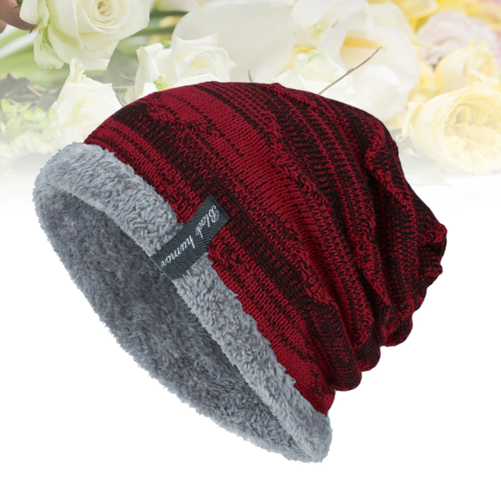 Men's Winter Knit Beanie Slouchy Warm Hat Thick Plush Brim for Outdoors(Wine Red)