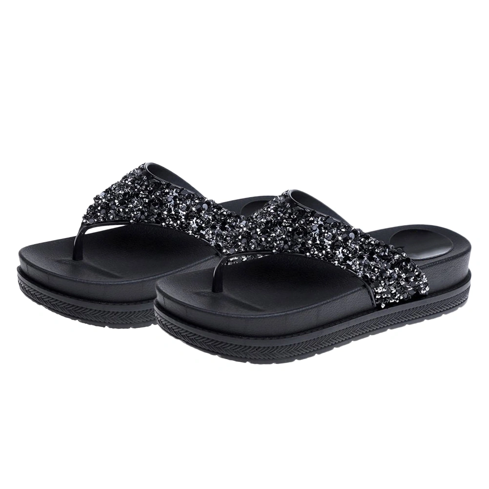 1 Pair Summer Women Thick Sole Sandals Platform Sandals Wedge Sandals Stylish Sequined Rhinestones Flop Beach Shoes for Women Ladies (Black 38 23.5CM, 6.5US, 4UK, 37.5EU, 9.2355Inch)