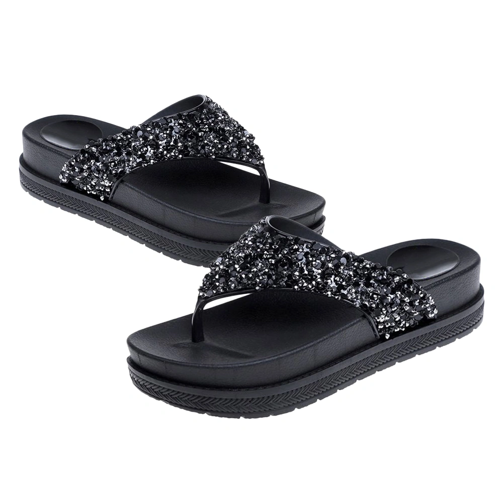 1 Pair Summer Women Thick Sole Sandals Platform Sandals Wedge Sandals Stylish Sequined Rhinestones Flop Beach Shoes for Women Ladies (Black 38 23.5CM, 6.5US, 4UK, 37.5EU, 9.2355Inch)