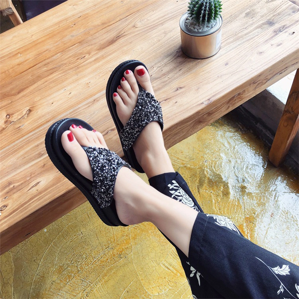 1 Pair Summer Women Thick Sole Sandals Platform Sandals Wedge Sandals Stylish Sequined Rhinestones Flop Beach Shoes for Women Ladies (Black 38 23.5CM, 6.5US, 4UK, 37.5EU, 9.2355Inch)