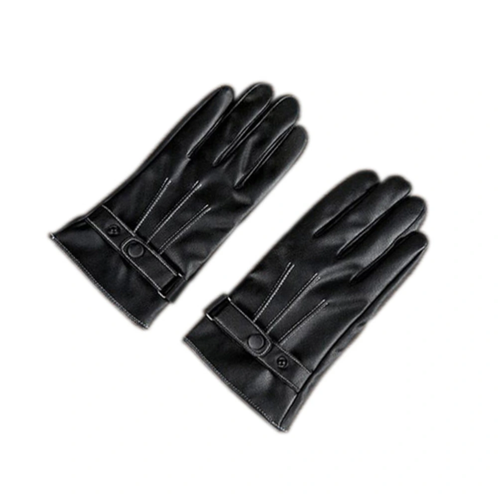 Pair of Men Winter Flat Style Nappa PU Gloves for Touch Screen Devices - Size L (Black)