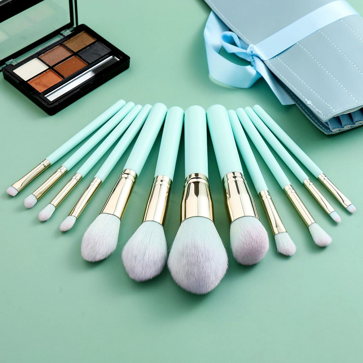 12pcs Makeup Brushes Kit Mint Green Cosmetics Brush Set Wooden Handle Nylon Bristles Powder Brush