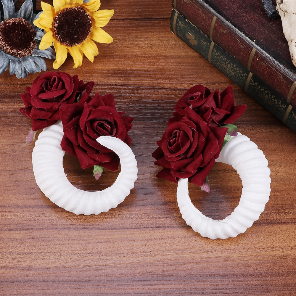 A Pair of Fancy Sheep Horns Hairclip with Rose Flowers Artificial Sheep Cos Horns Hairpin Unique Headband for Halloween Cosplay Costume Party