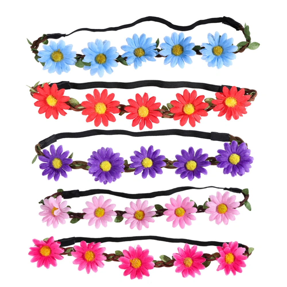 5Pcs Multicolor Daisy Flower Headband Crown with Adjustable Elastic Ribbon (Random Color)