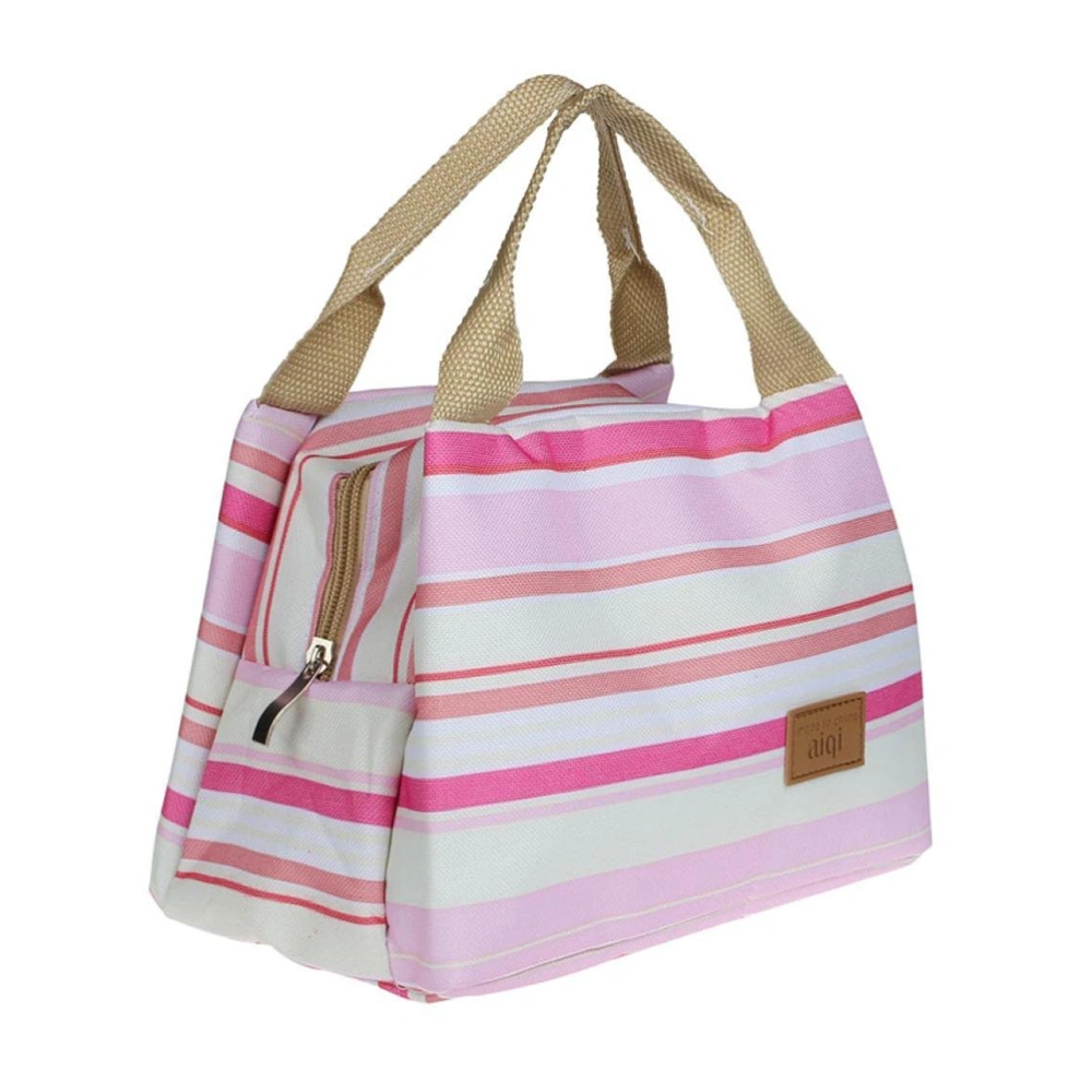 Stripe Thermal Insulated Lunch Case Tote Cooler Zipper Case Bento Lunch Pouch (Pink Striped)