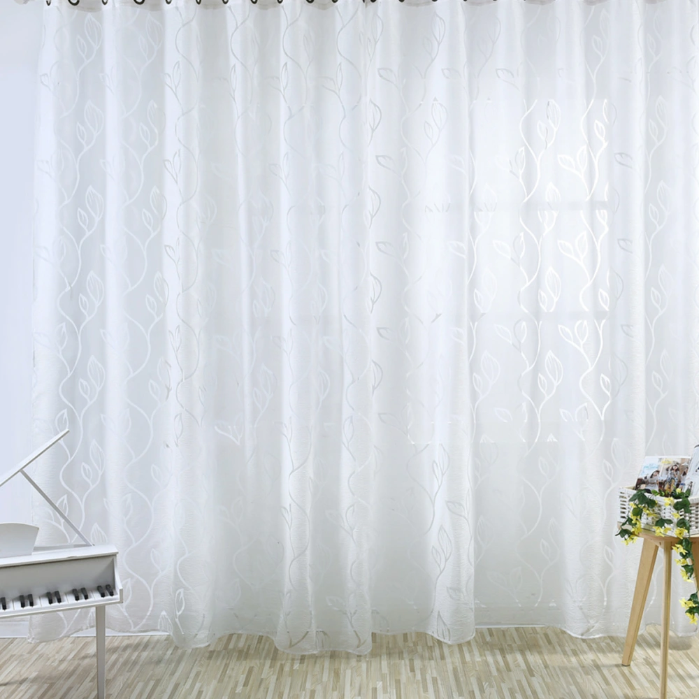 Translucent Tulle Leaves Window Sheer Window Screen Rod Pocket Voile Curtains for Bedroom Living Room 100x200cm (White)