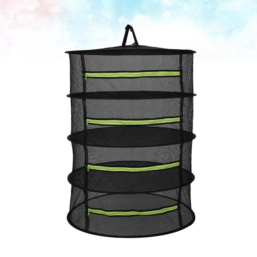 1pc Collapsible Garden Plants Hanging Drying Net Mesh Storage Organizer Net Shelf Drying Rack for Plant Garden (Black with Green Zipper Diameter 60cm 4 Layers)