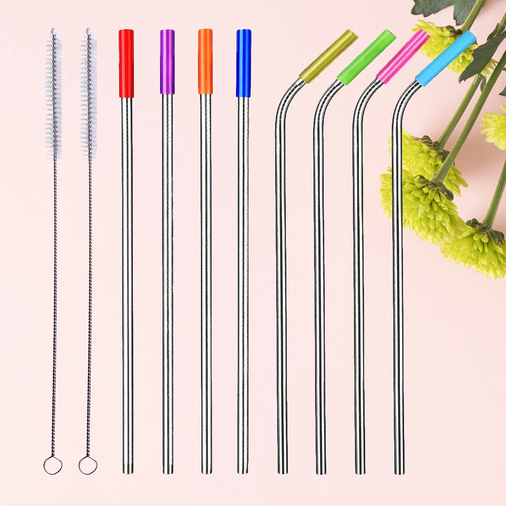8pcs Stainless Steel Drinking Straws Reusable Curved Stright Straws with 2pcs Brushes