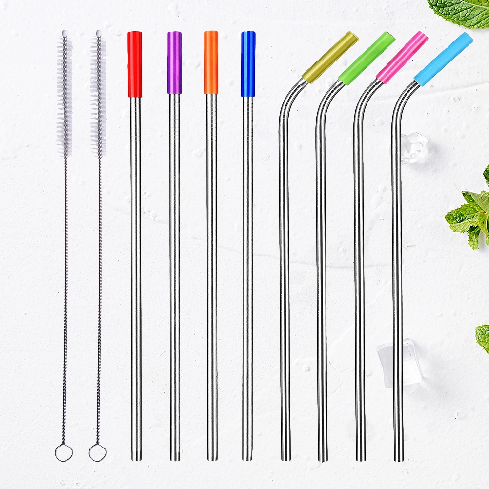 8pcs Stainless Steel Drinking Straws Reusable Curved Stright Straws with 2pcs Brushes