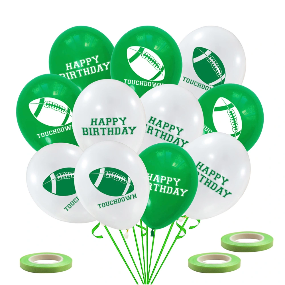 36pcs 12 Inches Football Sports Theme Latex Balloons Set Rugby Party Printing Balloons Set Birthday Party Supplies Decoration(15pcs Green, 18pcs White and 3 Rolls of Green Ribbon)