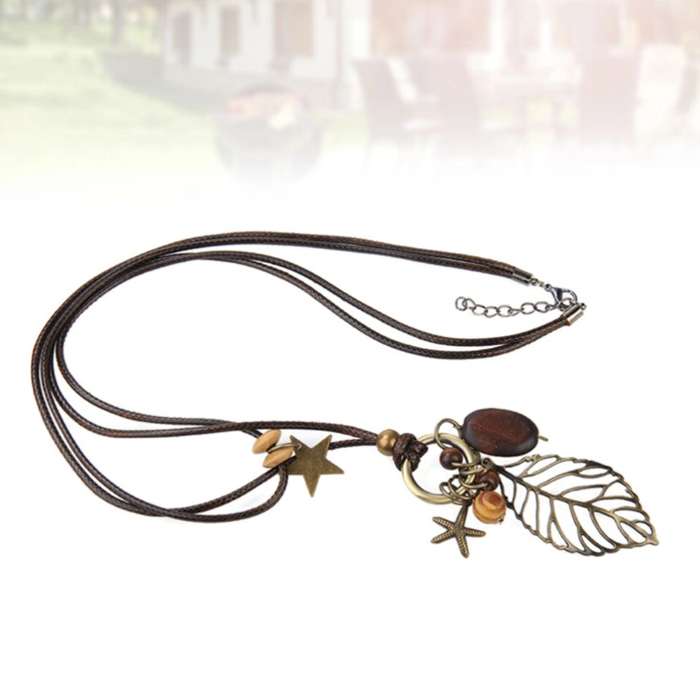 Vintage Double Layered Hollow Leaf Pendant Necklace Long Sweater Chain Jewelry Gift for Women