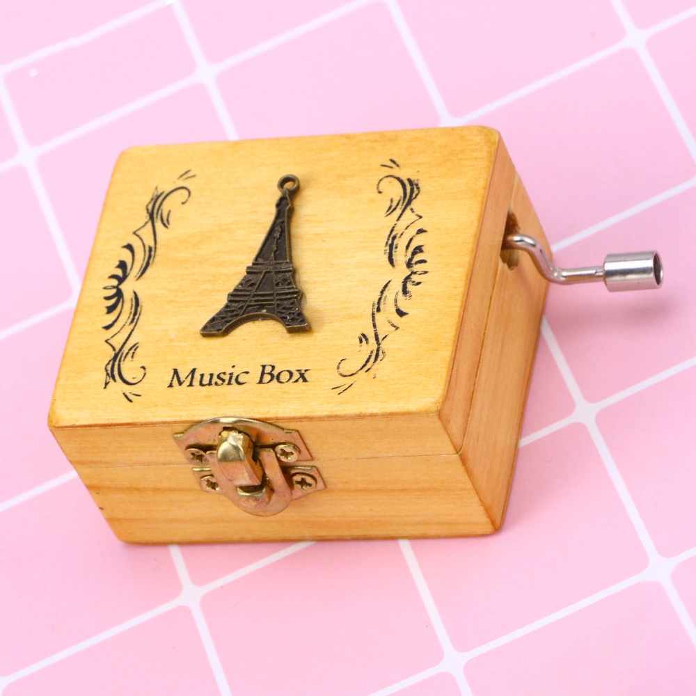 Wooden Music Box Hand-cranked Miniature Wind Up Handmade Mechanical Rotation Box for Birthday Valentine's Gift Christmas Decoration (Eiffel Tower Pattern)