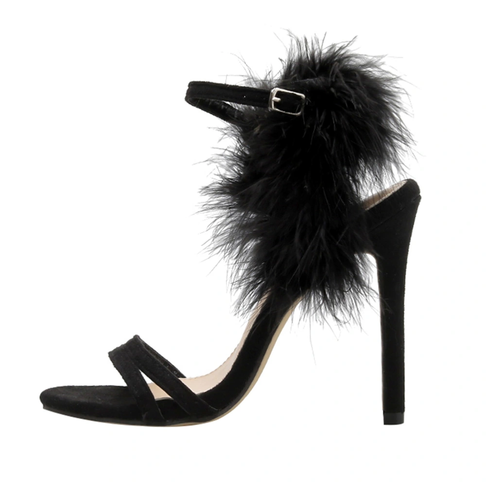 1 Pair Woman's Summer Sandals High-Heeled Lady Shoes Sexy Feather Sandals(Black)