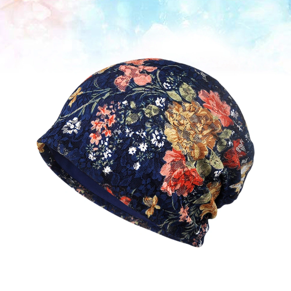 Women Head Wrap Stretch Lace Flower Decor Headwrap Chemotherapy Vintage Floral Printed Hat (Royal Blue)