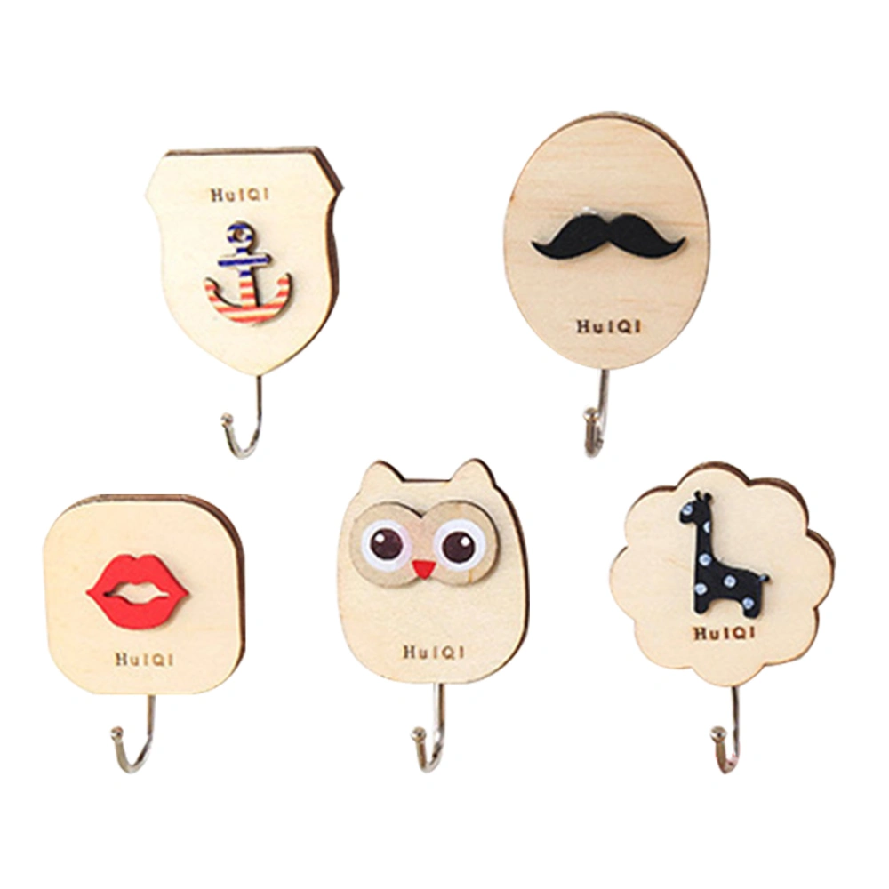 5pcs Cartoon Adhesive Hooks Bathroom Kitchen Wooden Wall Hooks No Nail Sticky Hangers Reusable Utility Towel Bath Ceiling Hooks(Random Pattern)