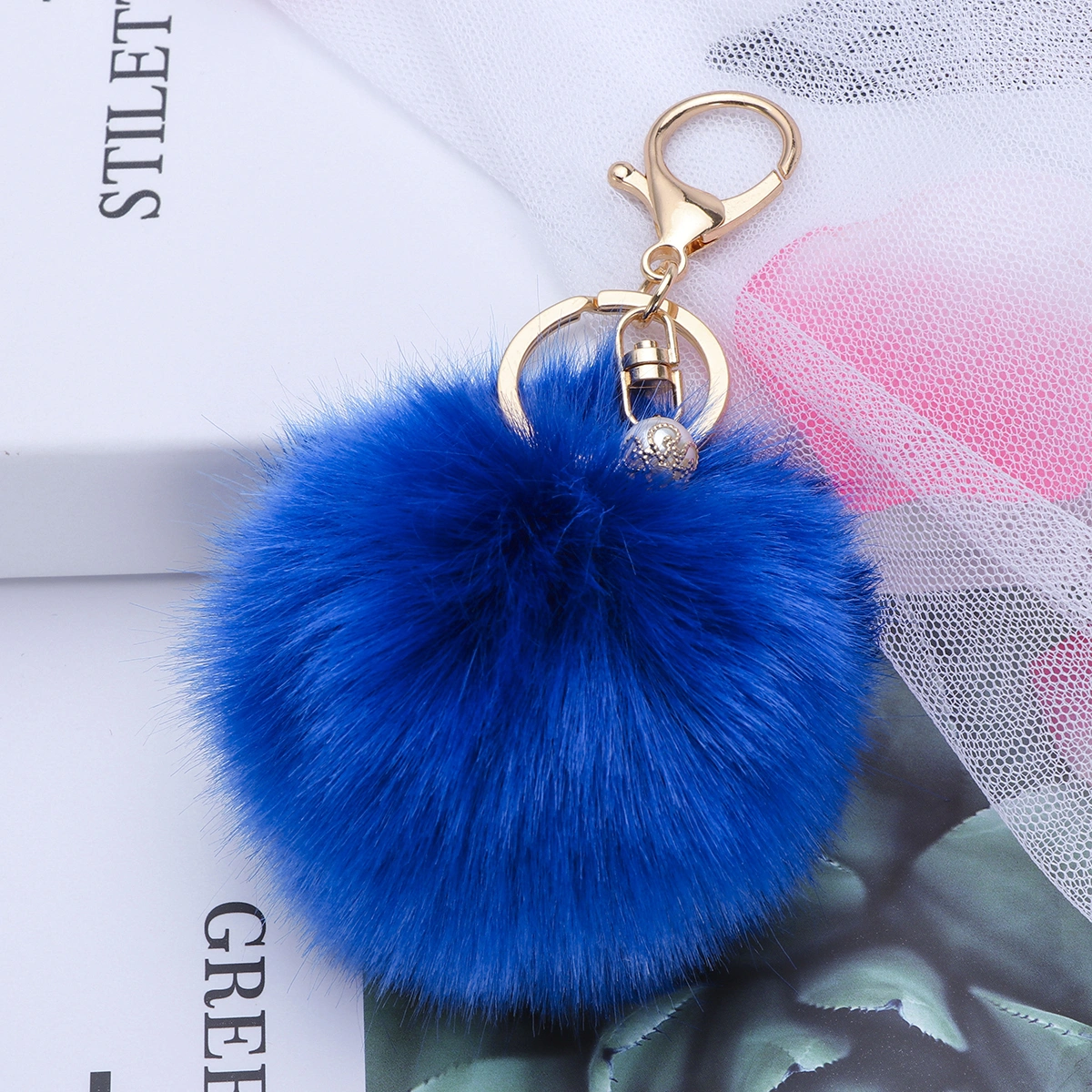 Solid Color Fluffy Ball Pom Pom Ball Key Ring Charms Pendant for Handbag Keychain Car (Blue)