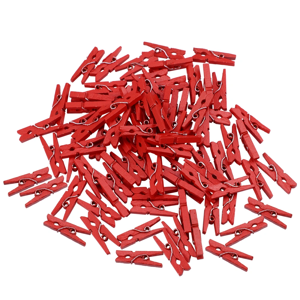 VORCOOL 100 pcs Mini Natural Wooden Paper Clips Utility Versatile Clothespin Clips Picture Photo Cable Pictures Organizer Clips for Hanging Photos Painting Artwork (Red)