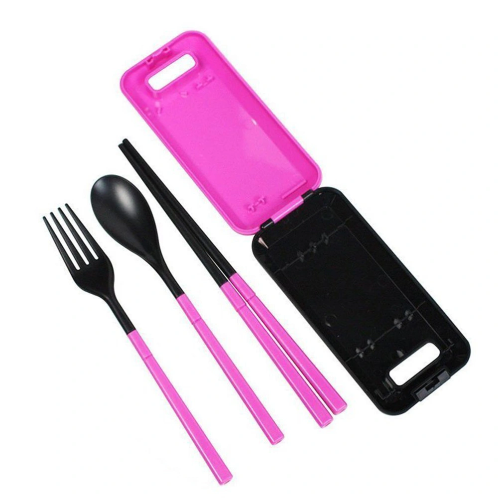 Environmental Portable Folding Outdoor Travel Cutlery Flatware Fork Spoon Chopsticks  Set with Case (Rosy)