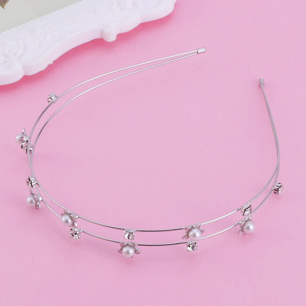 Women Rhinestone Headband Double Layer Silver Hair Wedding Bridal Hair Loop Hair Clasp Hair Band Hair Accessories for Ladies (Pearl Five-petal Flower Style)