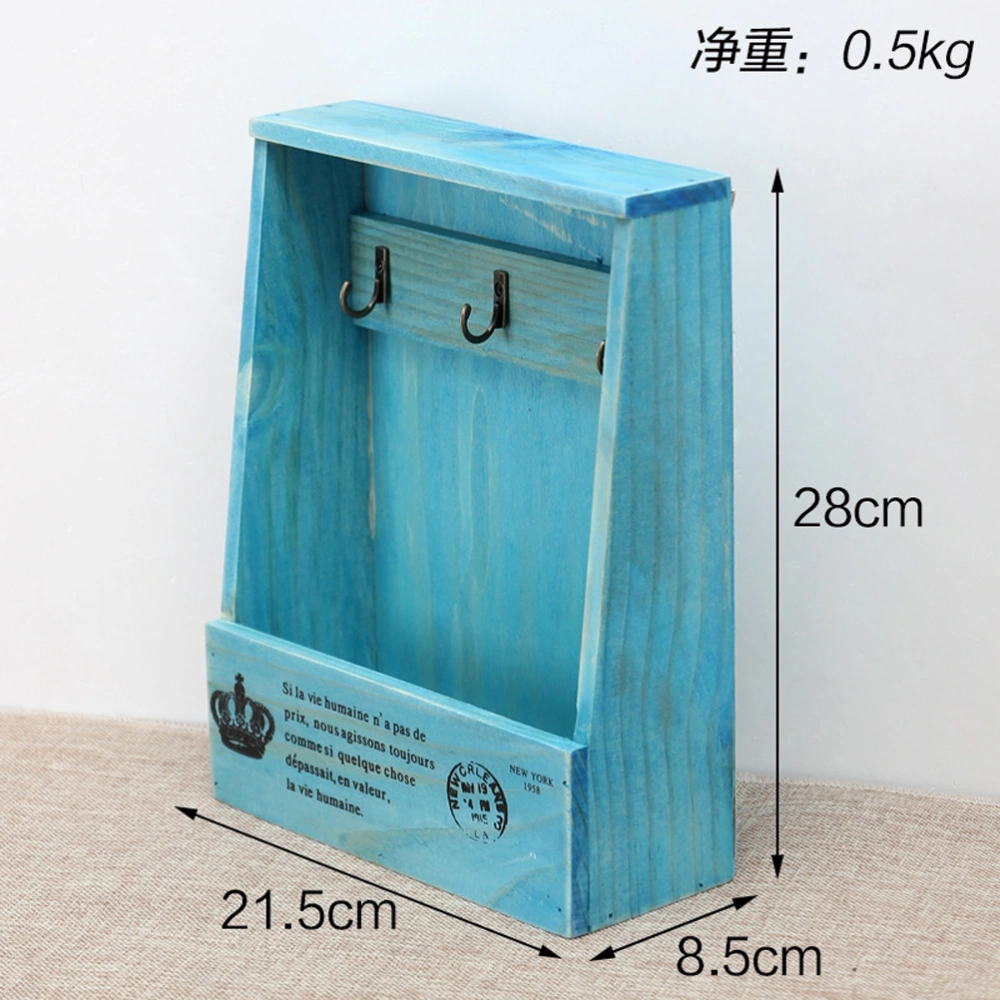 Vintage Sundries Storage Wood Box Mail Keys Pens Documents Organizer with 3 Hooks Home Wall Decoration (Blue)