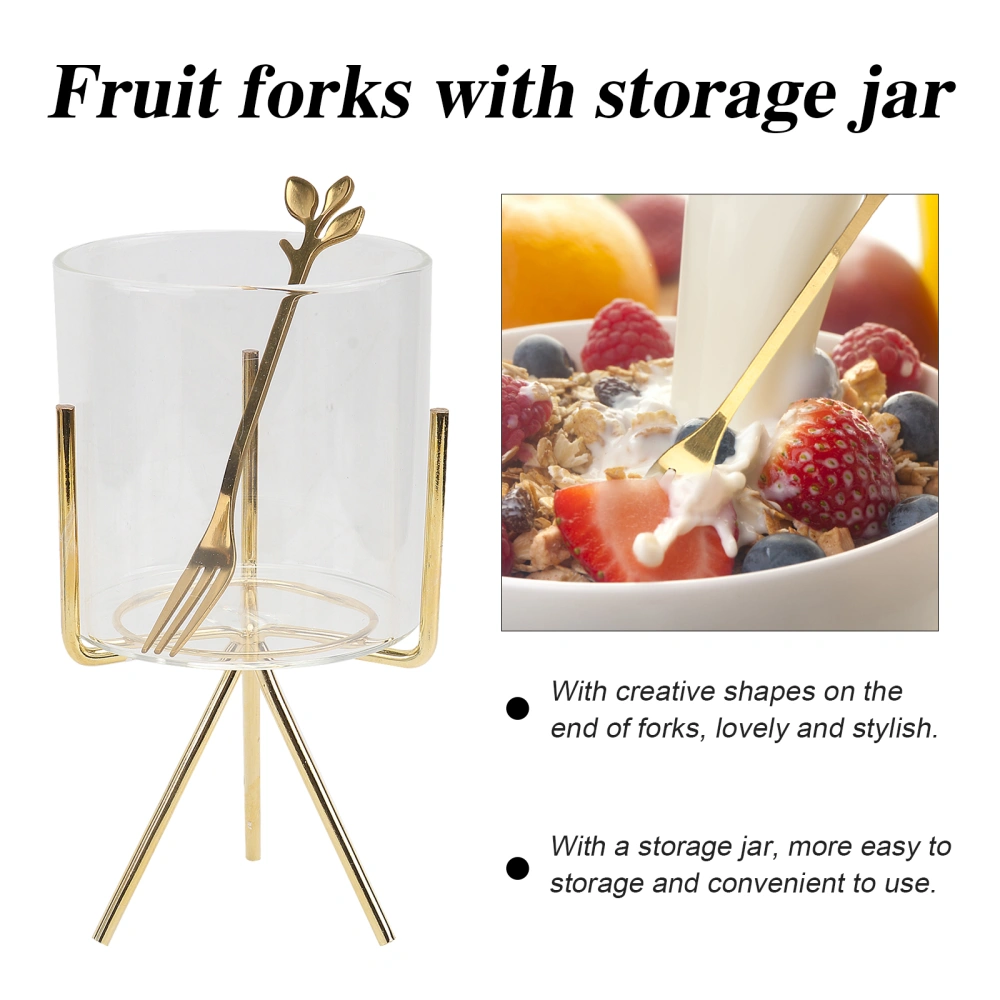 1 Set Iron Fruit Picks Creative Shape Food Fruit Picks with Glass Storage Jar