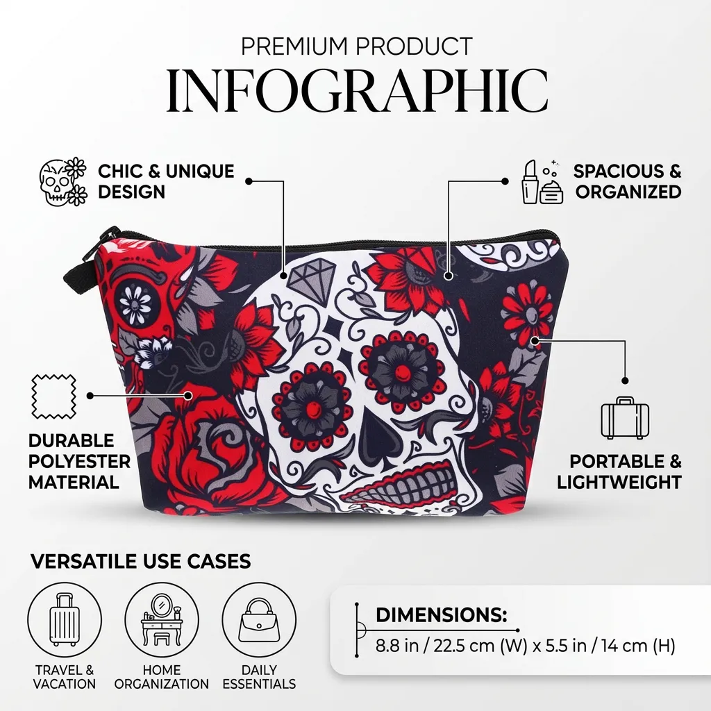 Makeup Product Storage Bag for Women Chic Design Skull Handheld Makeup Pouch