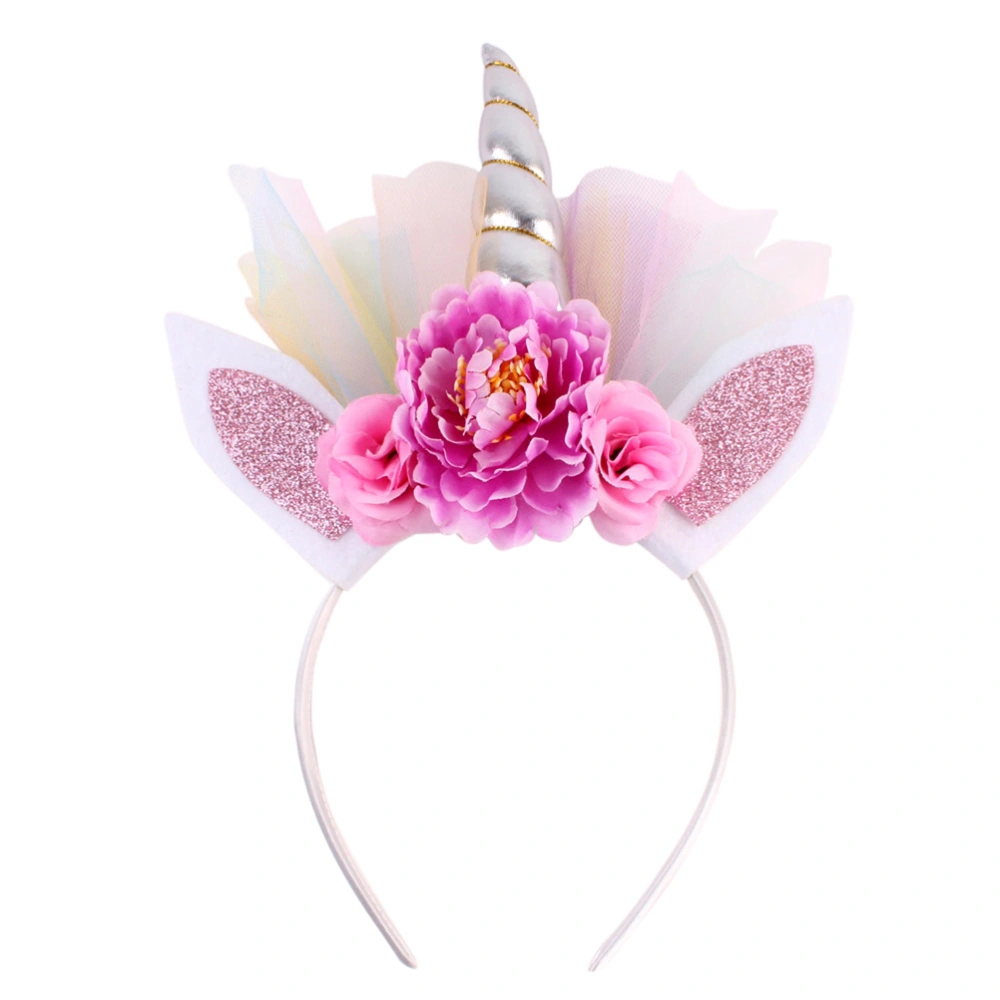 Glitter Unicorn Horn Headband Hair Flowers Animal Ears Headdress Headpiece for Party Decoration (Silver)