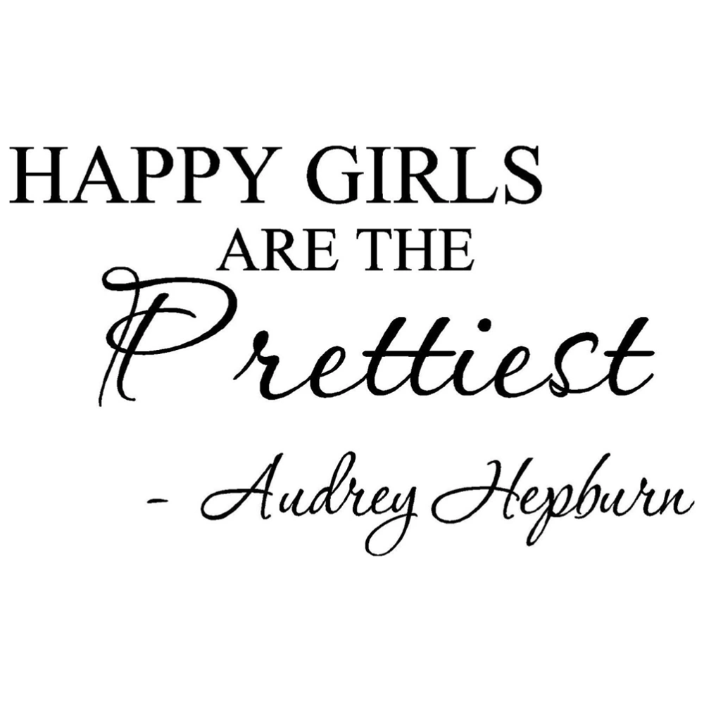 Black Vinyl Quotes Inspirational Lettering "Happy girls are the prettiest - Audery Hepburn" Wall Decals Stickers Decor for Girls Room Bedroom Nursery Home Wall Decorations