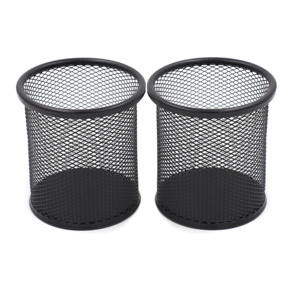 2pcs Generic Round Shaped Mesh Metal Pencil Holder Brush Pot Pen Container Set (Black)