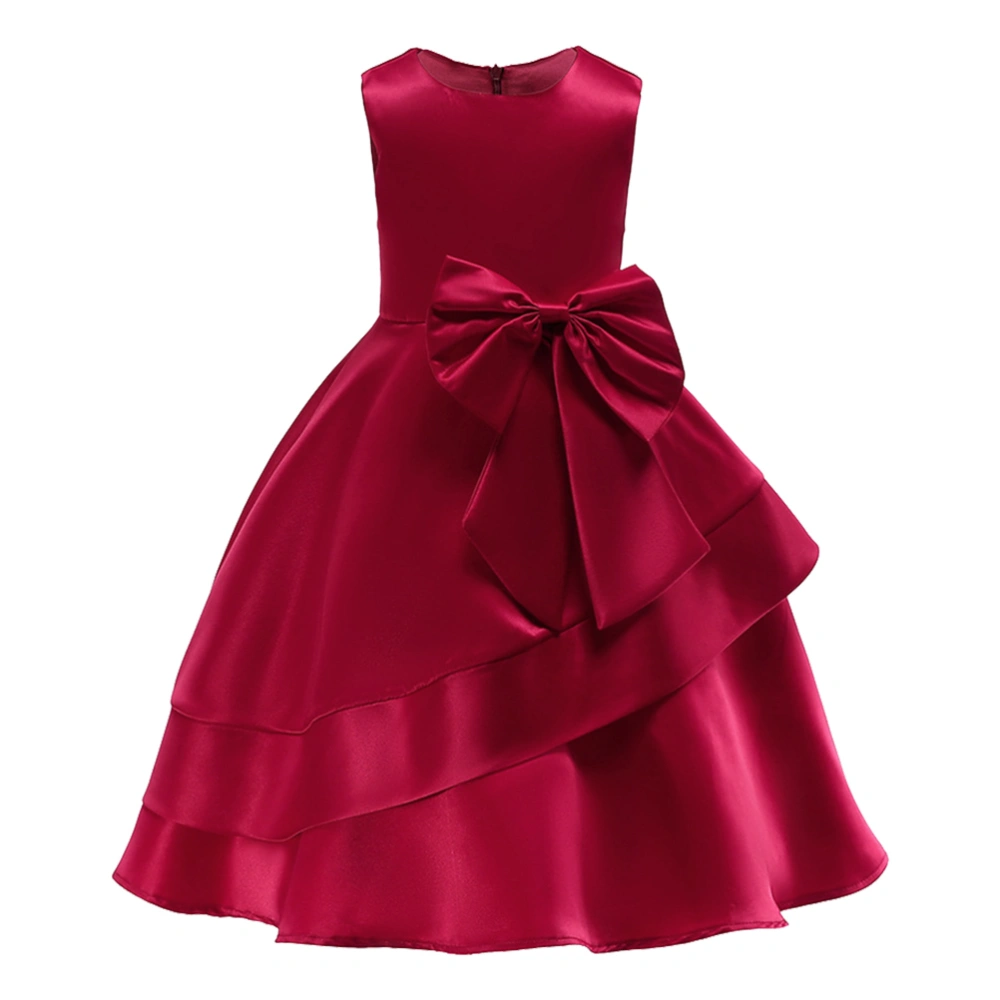 1pc Girls' Skirt Elegant Sleeveless Summer Dress Bowknot Decor Children Performance Dress - Claret (Size 110#, Suggest Height 110cm)