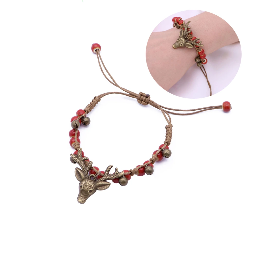 Handmade Weaving Ethnic Vintage Leather Rope Bracelets Women Deer Head Bracelets Ceramics Jewelry (Red)