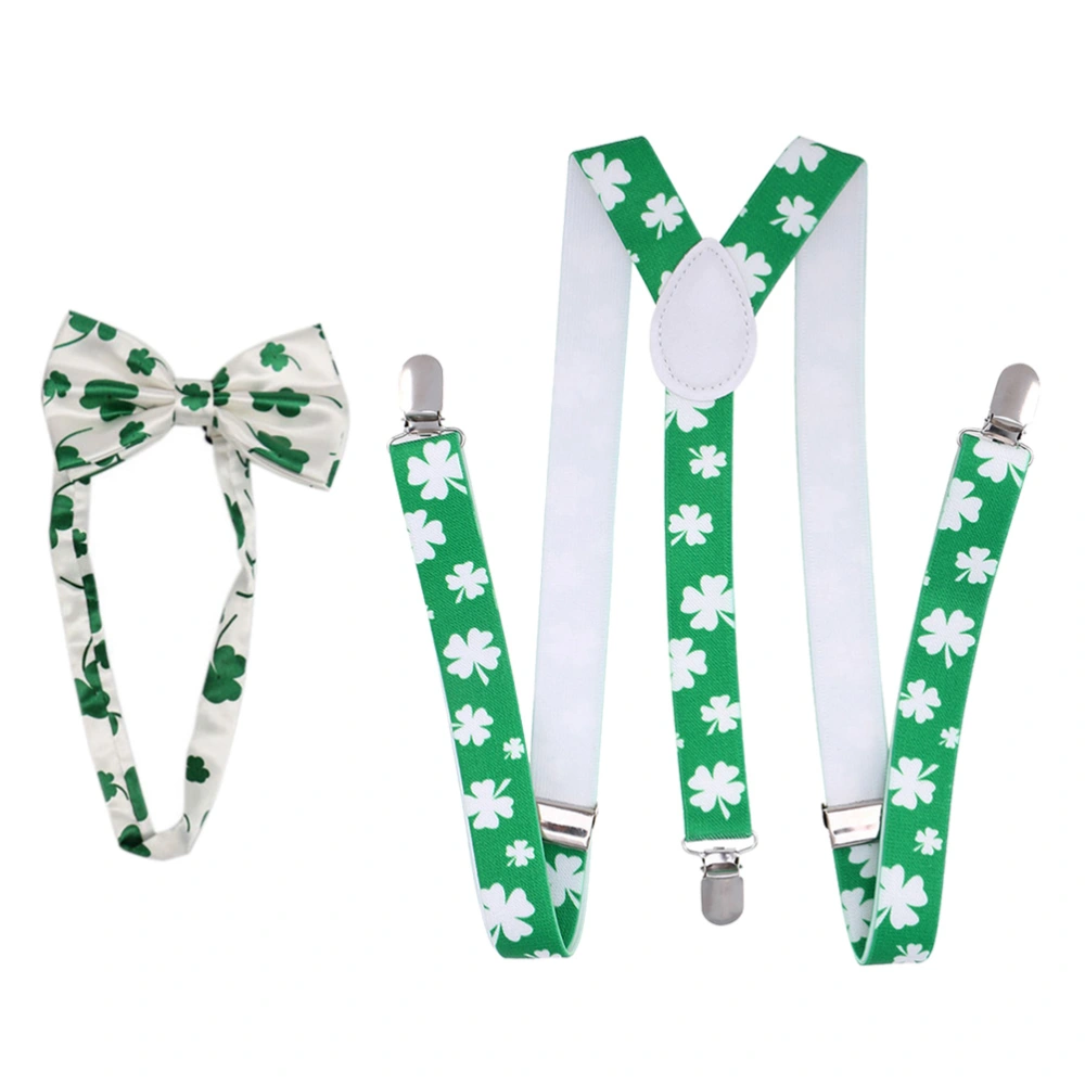 2pcs in 1 Set Party Suspenders Set Clover Printing Bow Tie Decoration Shamrock Tie Dress up Supplies Favors Accessories for St. Patricks Day Festival