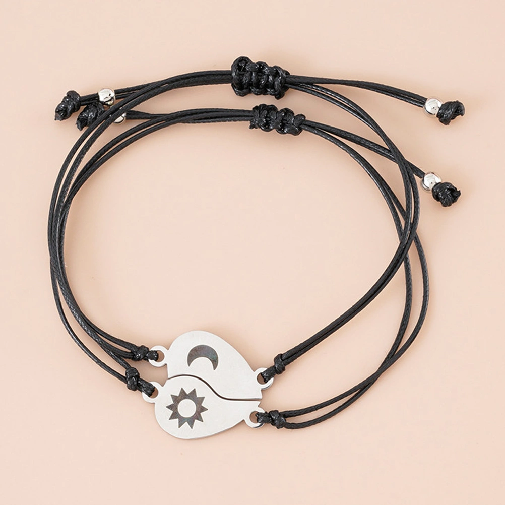 1 Set Moon Star Engraved Charm Bracelet Matching Heart Pendant Woven Bracelet