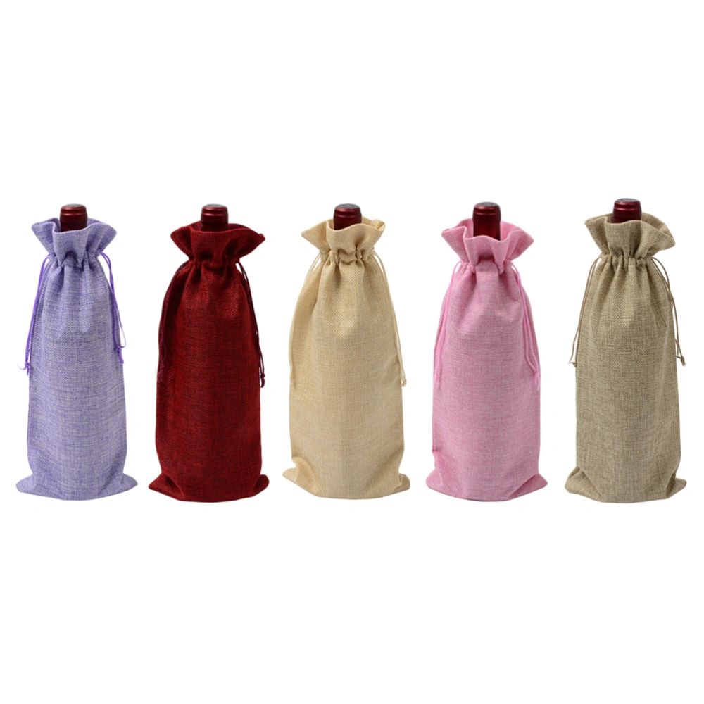 5 Pcs Burlap Wine Bottle Bags with Drawstring Reusable Wine Totes Bottle Wrap Gift Pouches