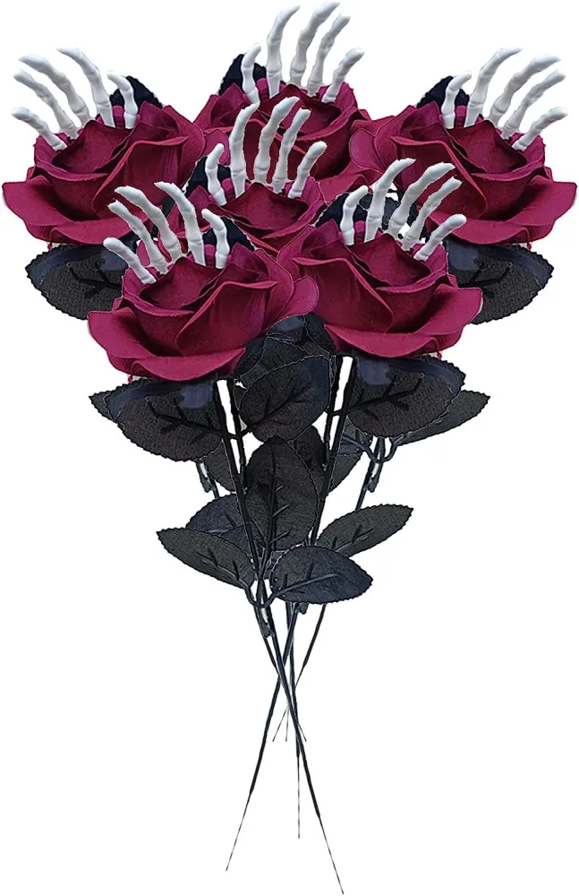 6pcs Halloween Hand Skeleton Rose Flower Simulation Fake Rose Flower Halloween Bouquet