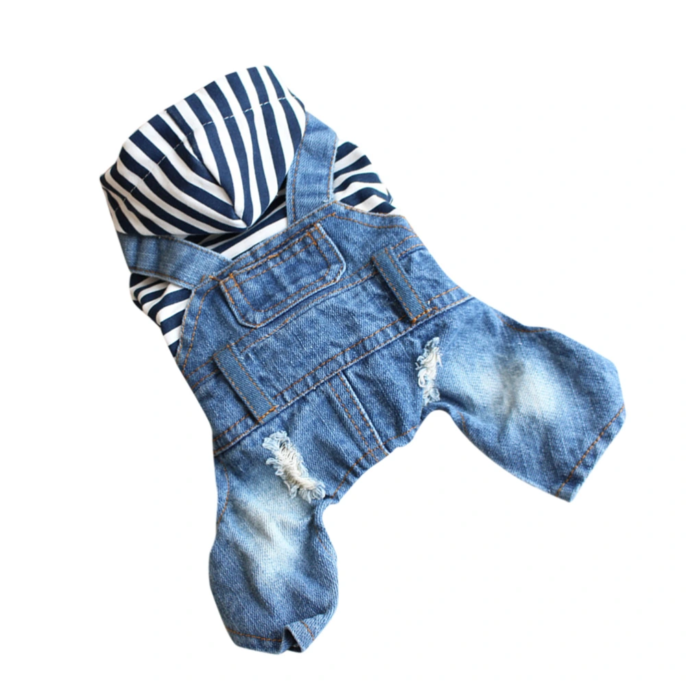 1PC Stripe Hooded Pet Clothes Dog Jumpsuits Durable Jean Suspender Costume for Outdoor Size M