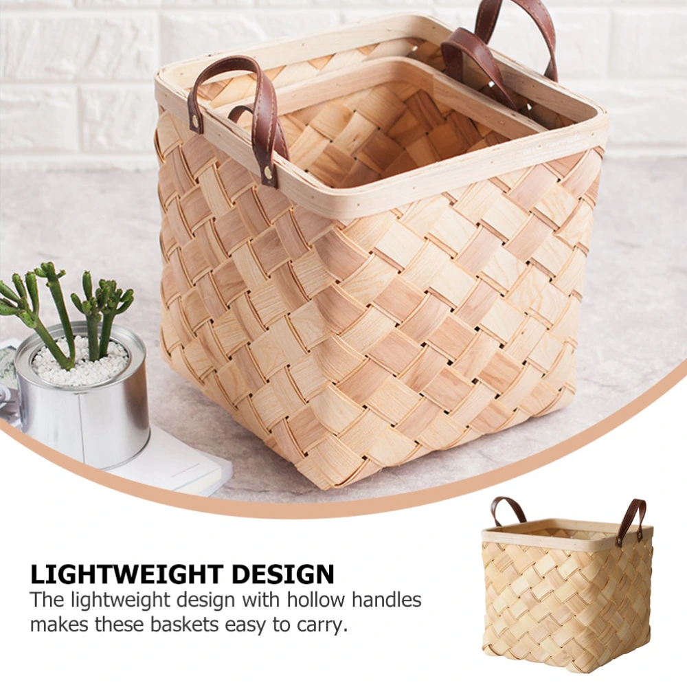 1pc Woven Double Wood Chip Basket Leather Handle Storage Basket Clothes Basket