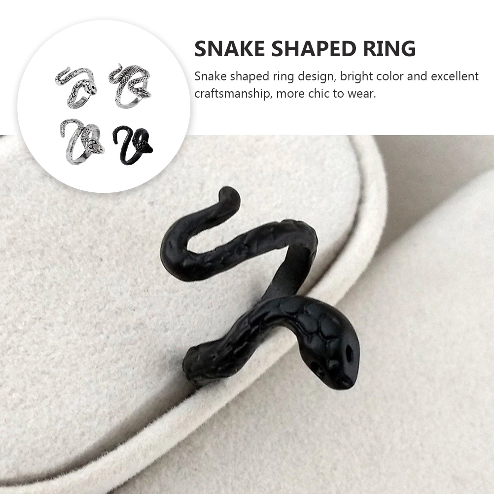 4pcs Decorative Rings Punk Style Finger Rings Snake Shaped Ring (Black, Sliver)