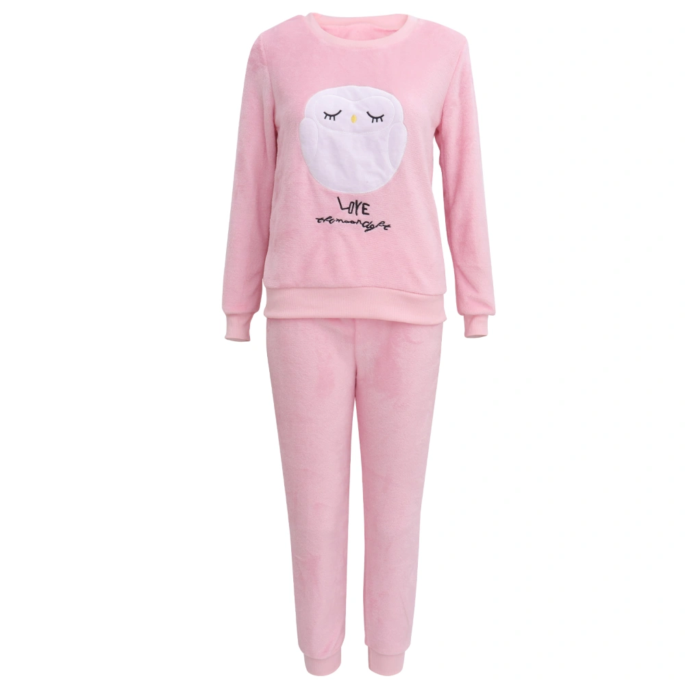 Women Cartoon Owl Style Flannel Winter Sleepwear Pajamas Set Long Sleeve Nightwear Size M (Pink)