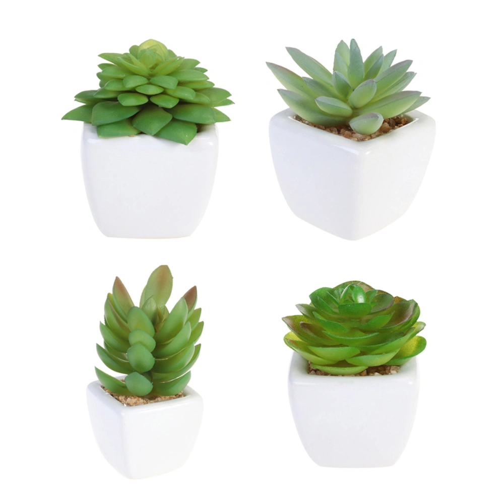 4PCS Mini Assorted Green Artificial Succulent Plants in Square White Ceramic Planters（Alocasia+Laughing Lotus+Round Rose+Multi Layer Cactus）