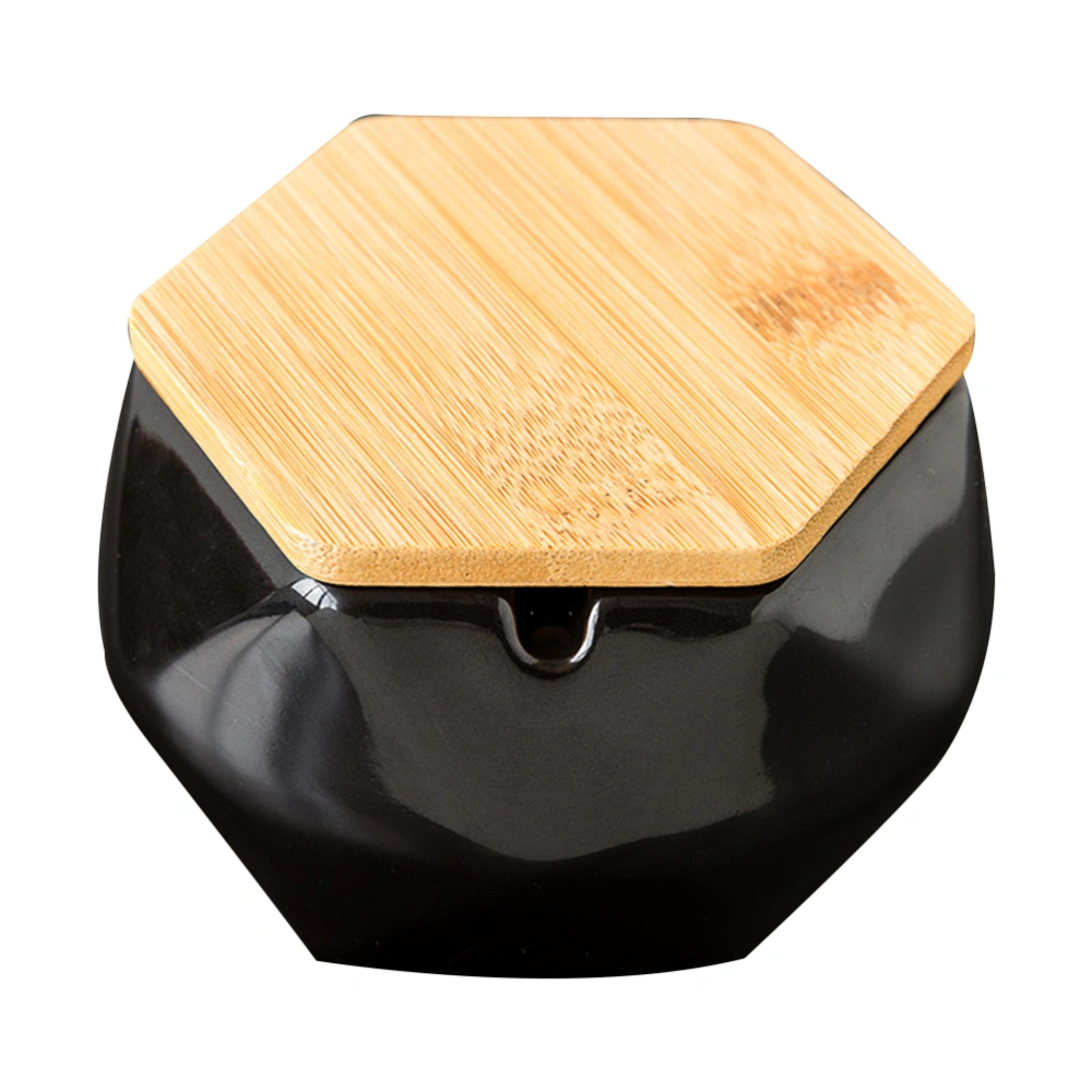 1PC Ceramic Ashtray Geometric Hexagon Cigarette Ash Holder with Cover for Home Office (Black)