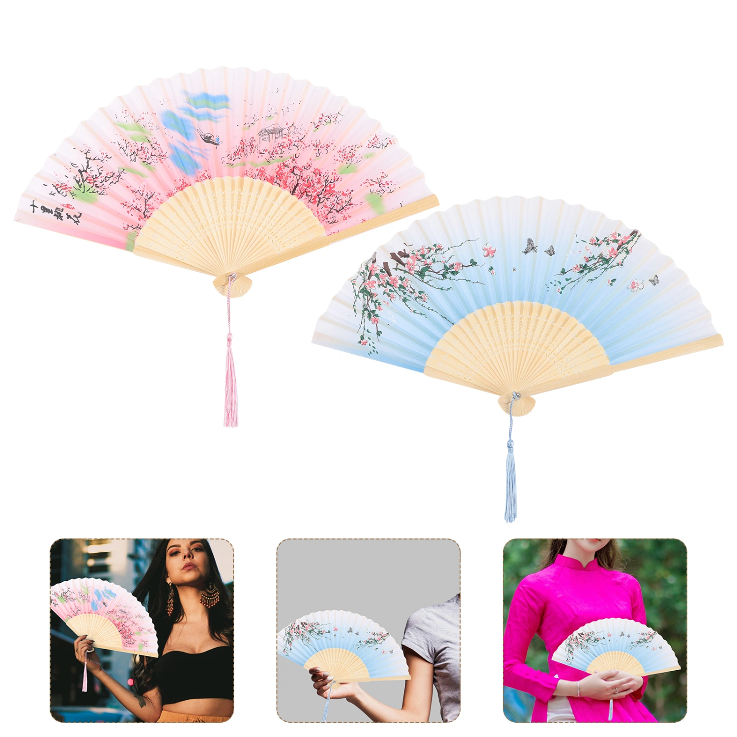 2pcs Retro Folding Fans Stage Performance Fans Dancing Fans Decorative Fans