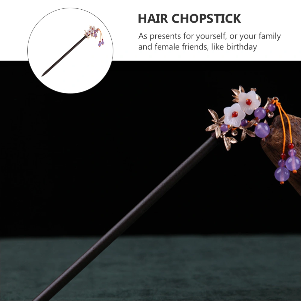 Ancient Ebony Hairpin Floral Hair Bun Holder Oriental Tassel Hair Chopstick