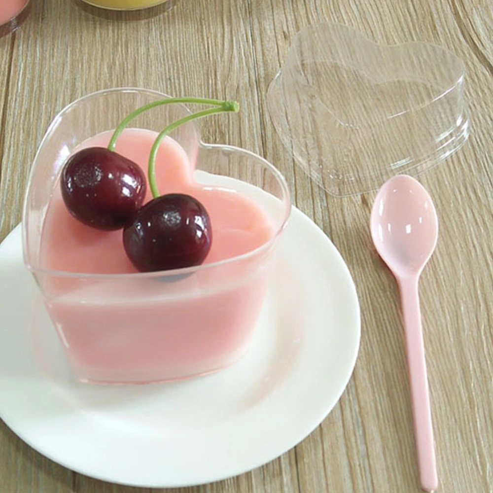 20 Sets 150ml Transparent Jelly Pudding Cup Mousse Dessert Plastic Container Heart Shape Bowl (Cup+Spoon+Lid)