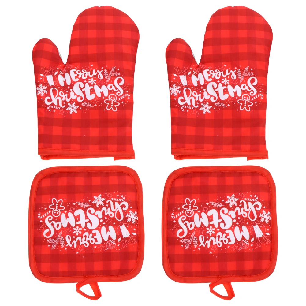 2 Sets Practical Christmas Printed Oven Gloves Anti-scald Gloves Mats Sets (Red)