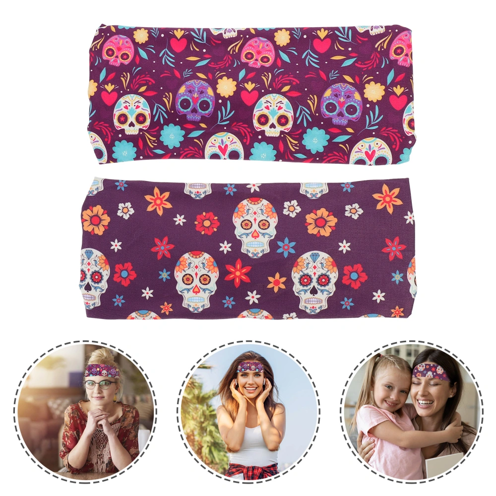 2Pcs Halloween Colorful Skull Pattern Headbands Stretch Hairbands Wide Hair Band