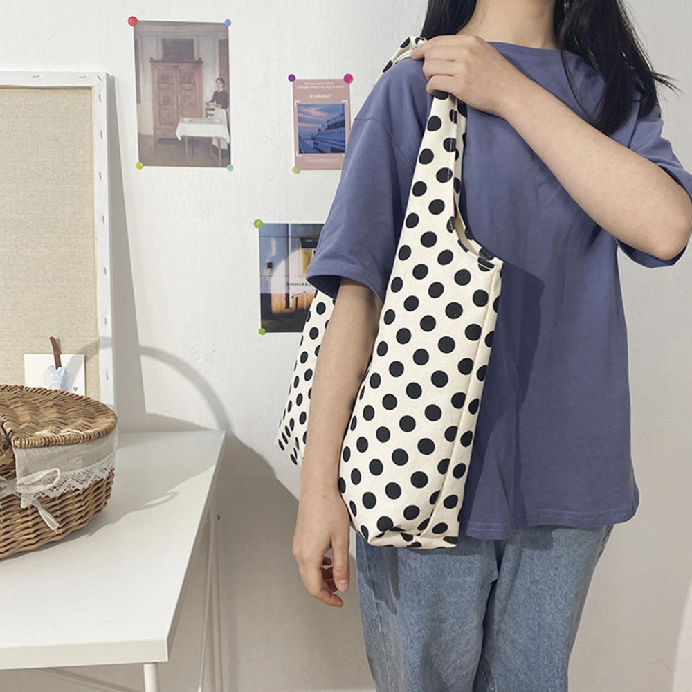 1Pc Universal Canvas Bag Versatile Chic Polka Dot Bag for Woman Lady Girl Female (White Color with Black Round Dots, White)