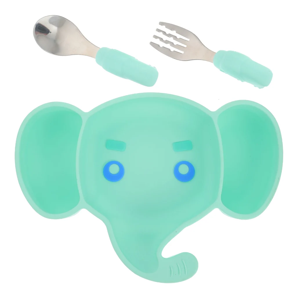 1 Set Baby Feeding Bowl Silicone Weaning Plate Cartoon Suction Bowl Fork Spoon