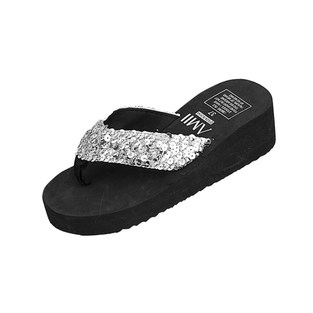 Women's Glitter Platform Sandals Shiny Thong Sandals Non-slip Wedge Heel Flops Size 36 (Silver)